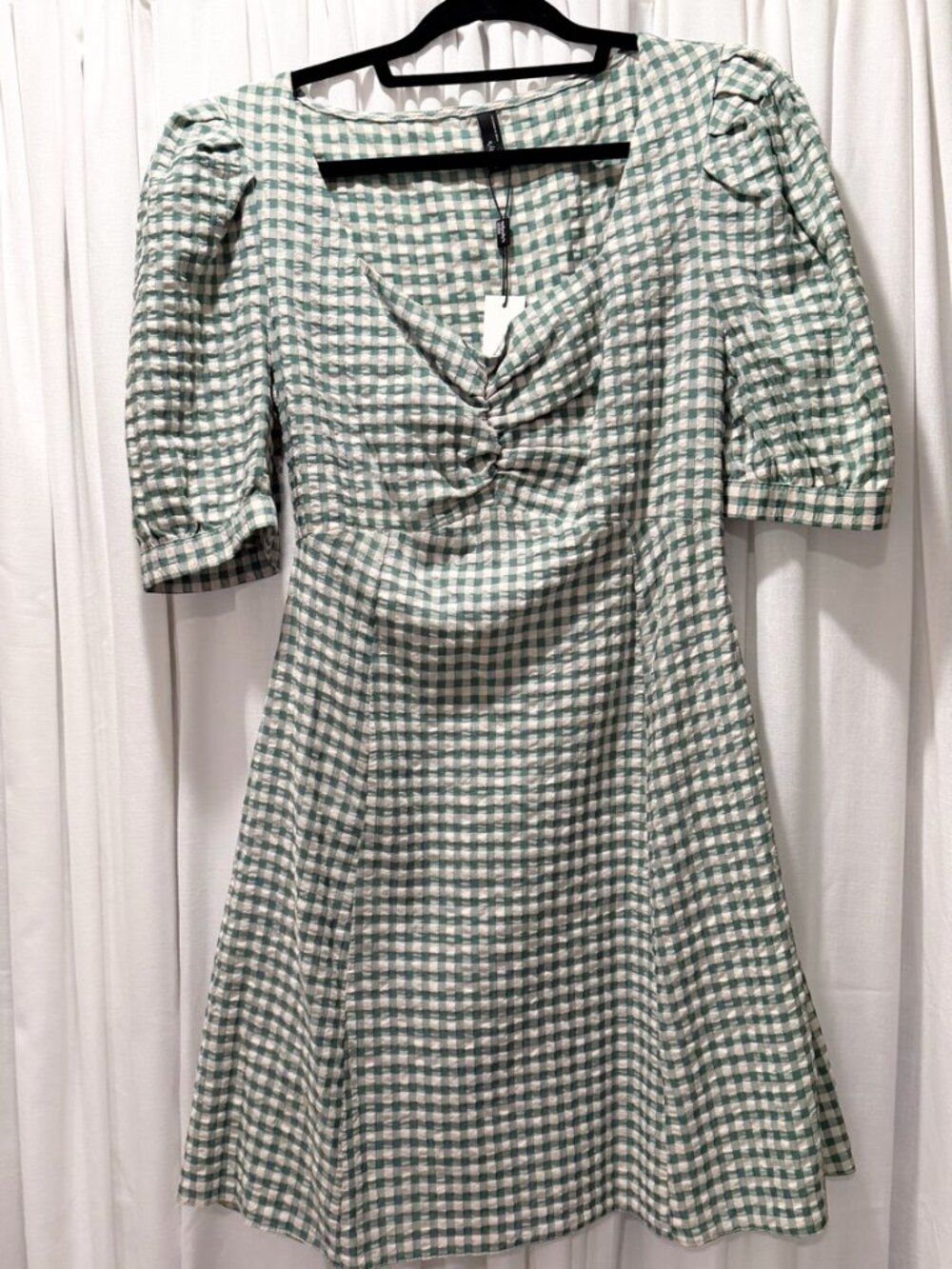 NWT Nobody's Child Liza Green Gingham Puff Sleeve Mini Dress – US 10